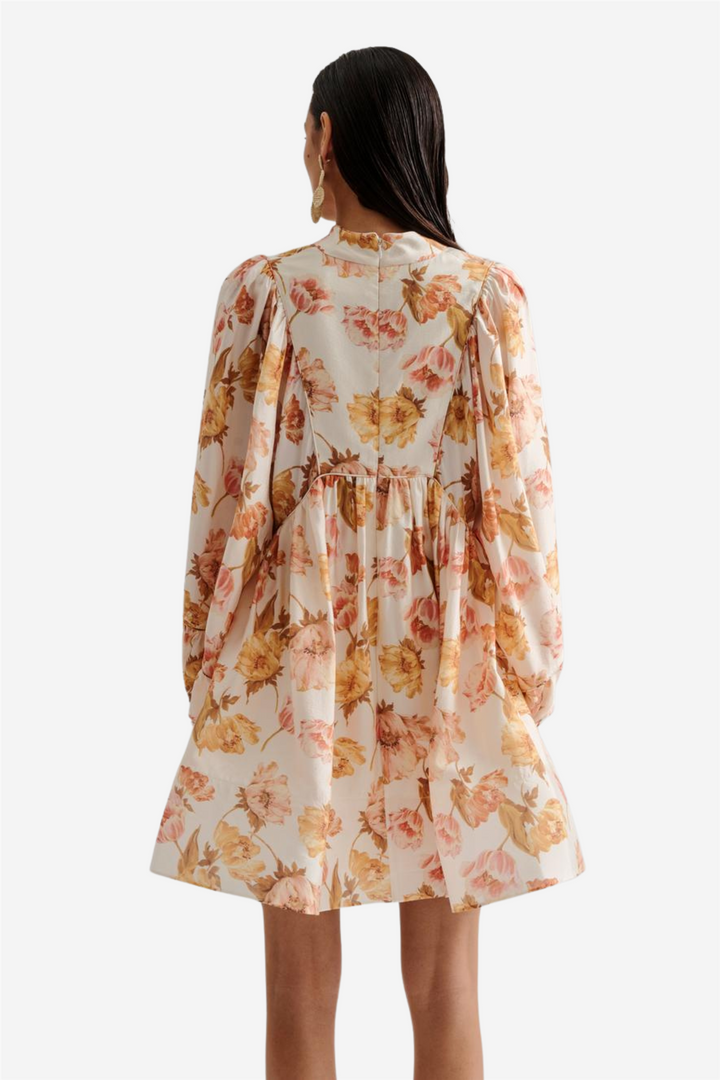 Tyra High Neck Balloon Sleeve Mini Dress Cream Peony
