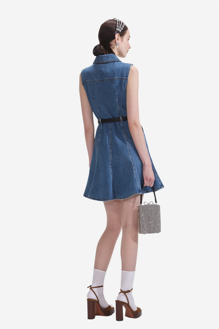 Denim Sleeveless Pearl Mini Dress