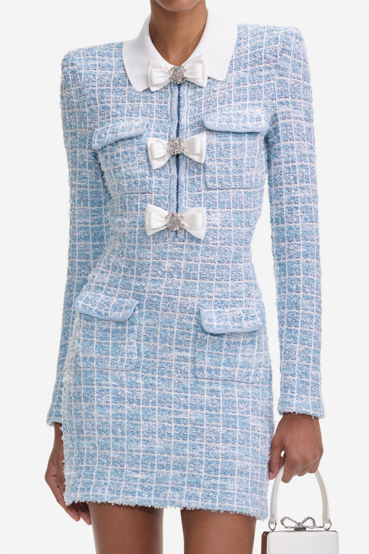 Blue Check Collared Knit Mini Dress