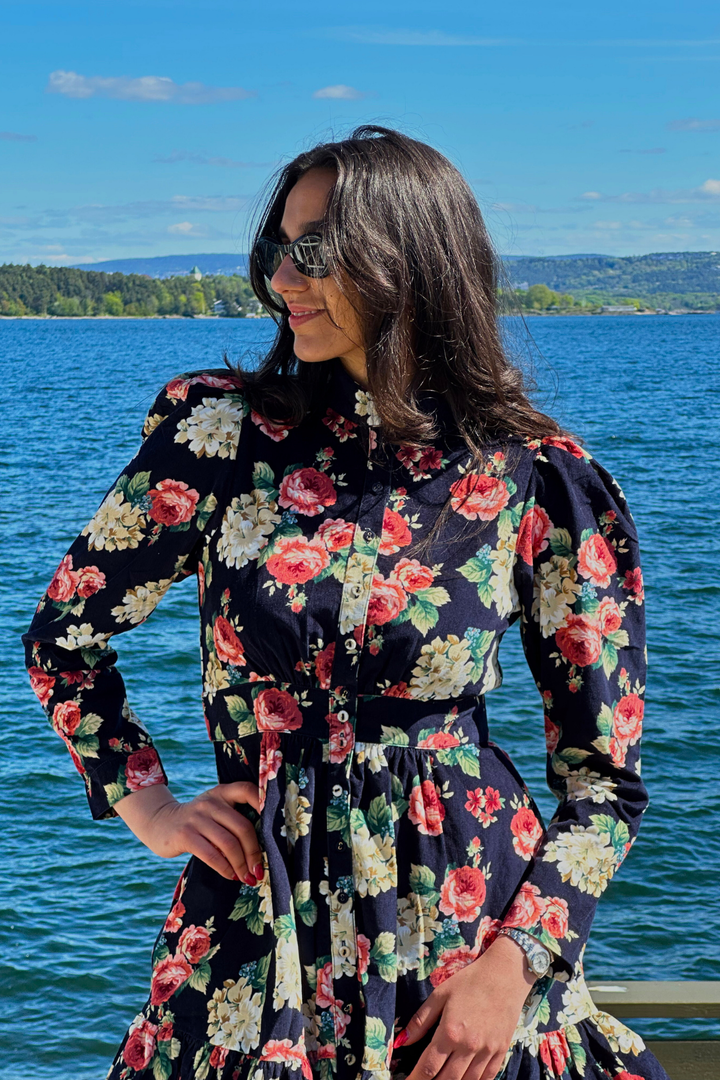 Baby Cord Mini Dress Midnight Roses