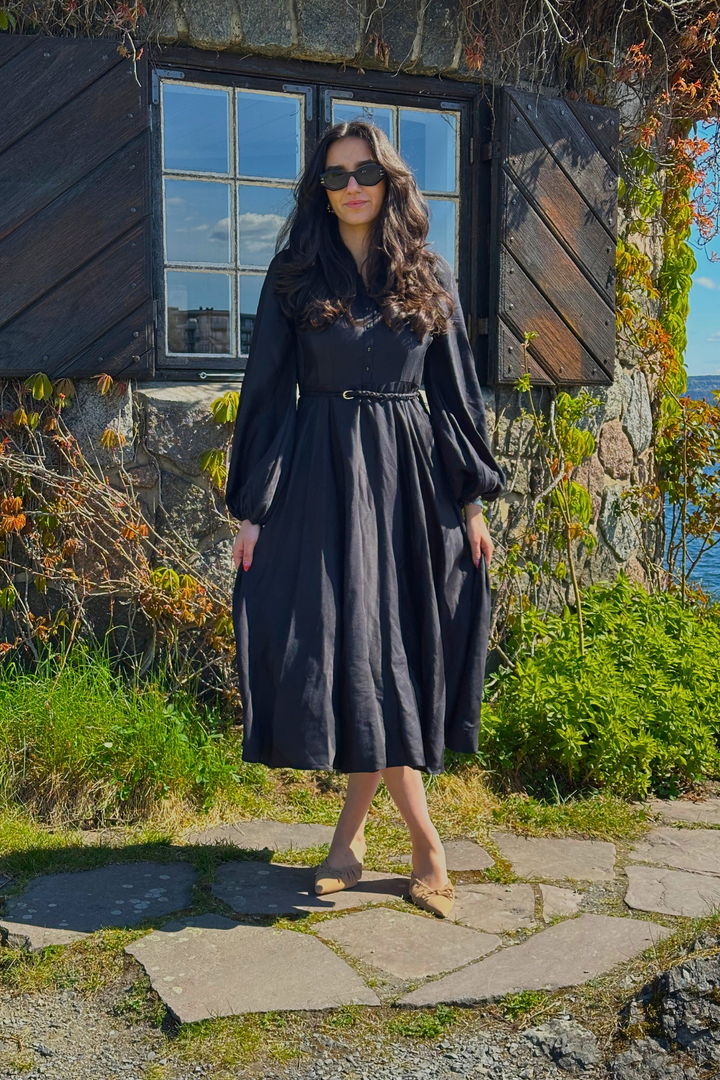 Striped Collared Midi Dress Black