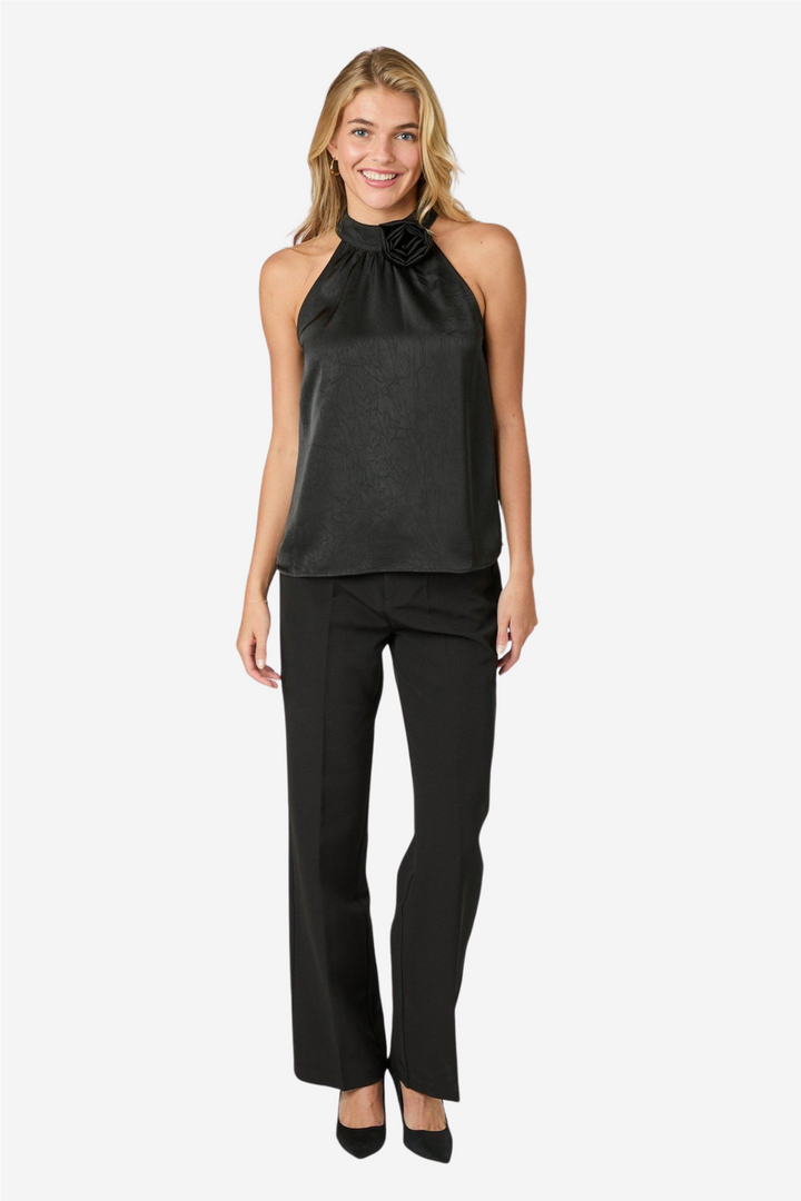 Rosette Crinkle Sateen Top Black