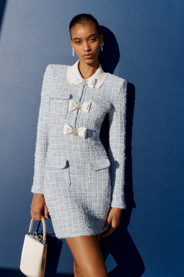 Blue Check Collared Knit Mini Dress