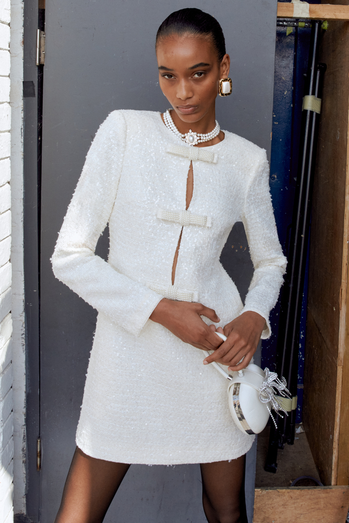 Cream Boucle Diamante Bow Mini Dress