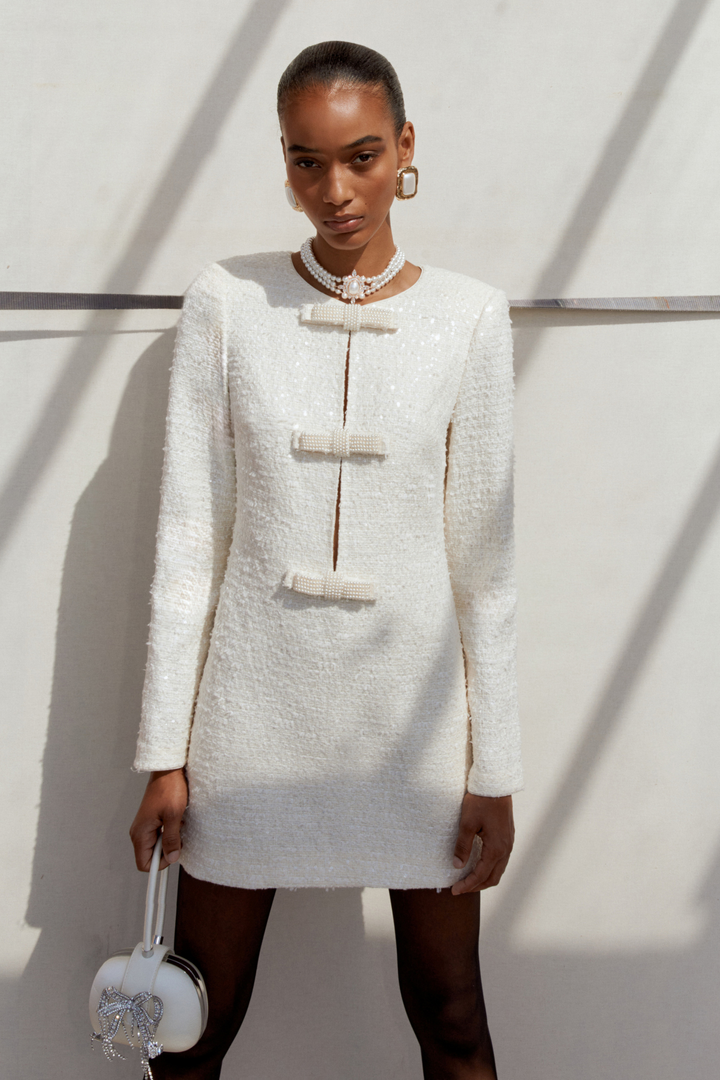 Cream Boucle Diamante Bow Mini Dress