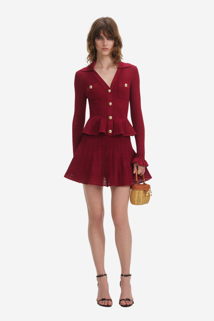 Burgundy Pointelle Knit Mini Dress