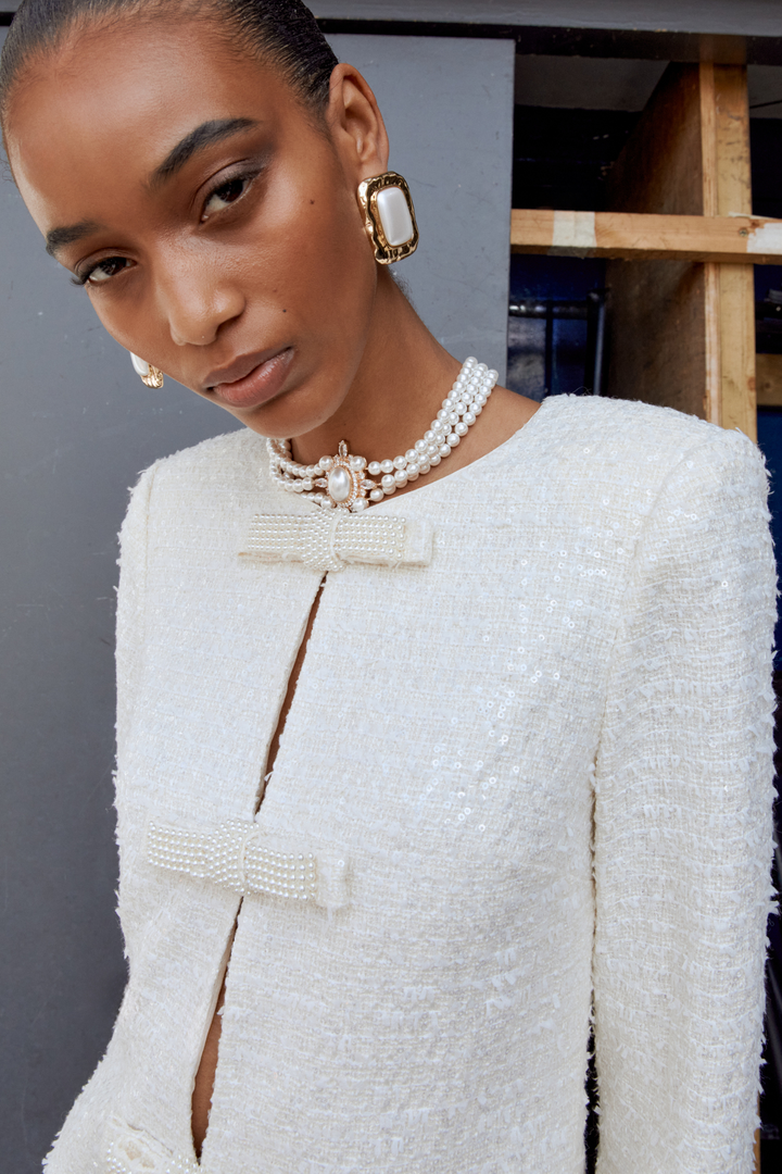 Cream Boucle Diamante Bow Mini Dress