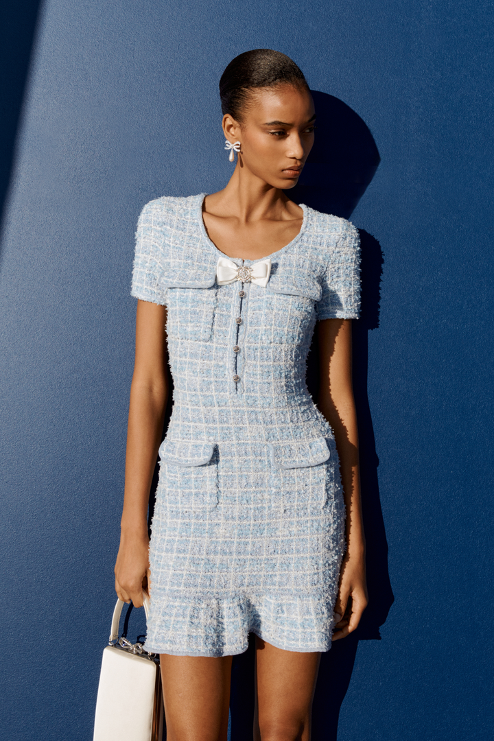 Blue Check Knit Mini Dress