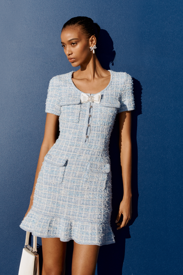 Blue Check Knit Mini Dress