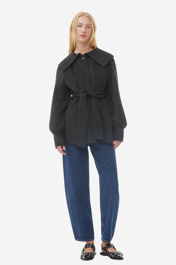 Wool Big Collar Belt Jacket Phantom