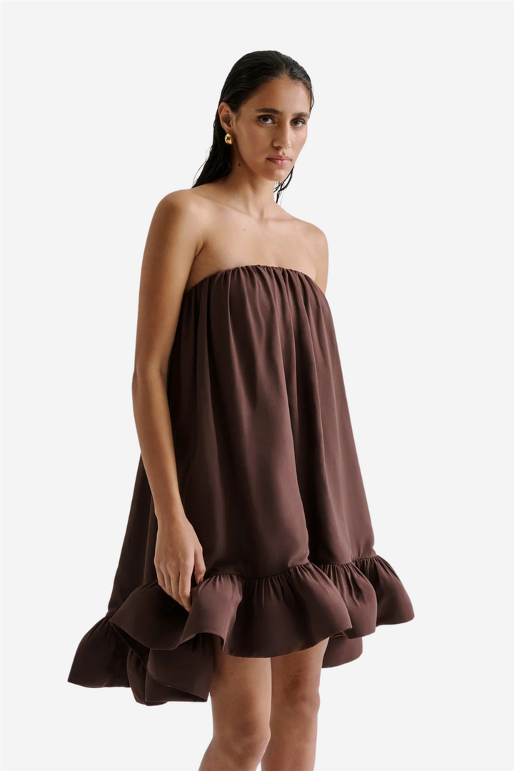 Mikala Strapless Ruffled Mini Dress Chocolate