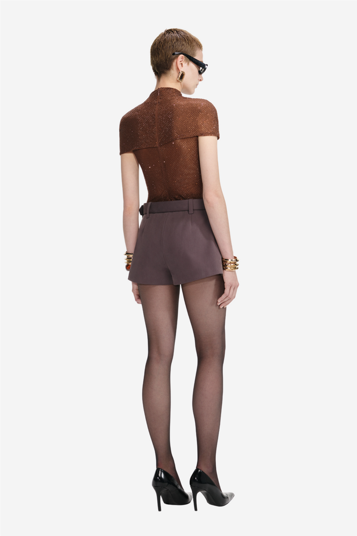 Rhinestone Mesh Cut Out Top Brown