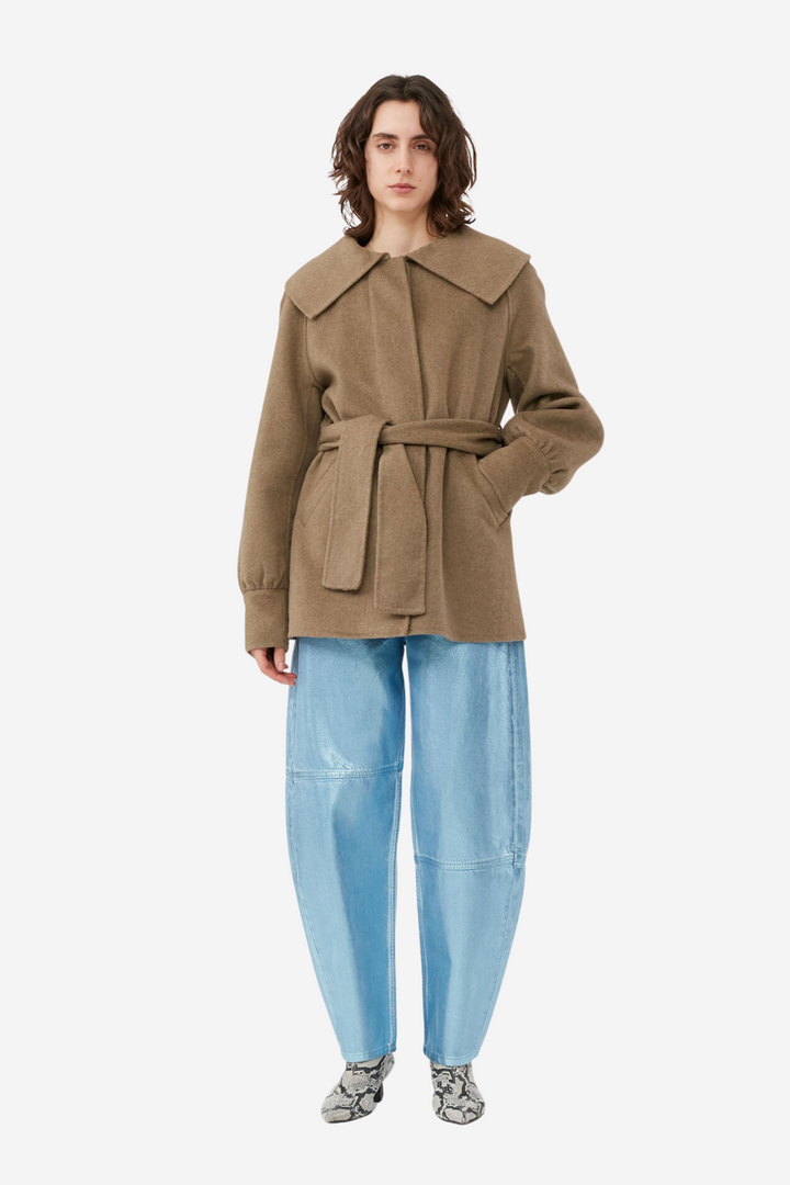 Wool Big Collar Belt Jacket Petrified Oak