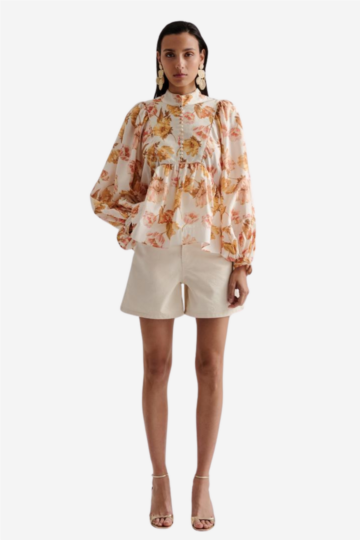 Pernilla High Neck Balloon Sleeve Bloouse Cream Peony
