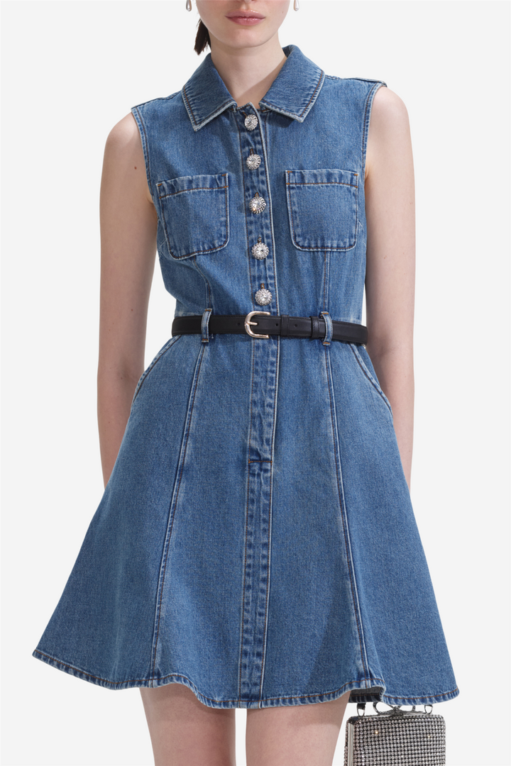 Denim Sleeveless Pearl Mini Dress