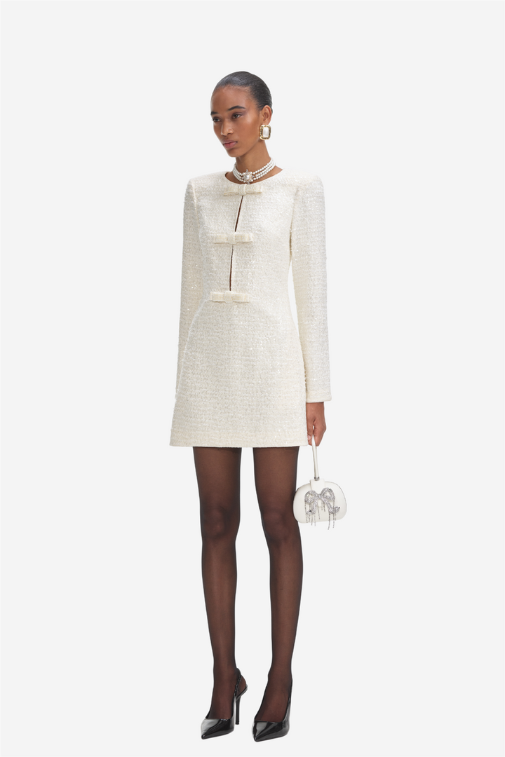 Cream Boucle Diamante Bow Mini Dress