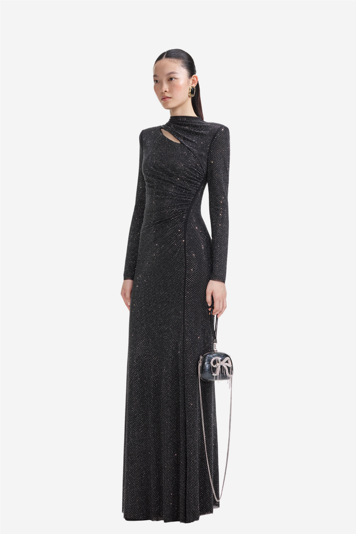 Black Rhinestone Mesh Cut Out Maxi Dress
