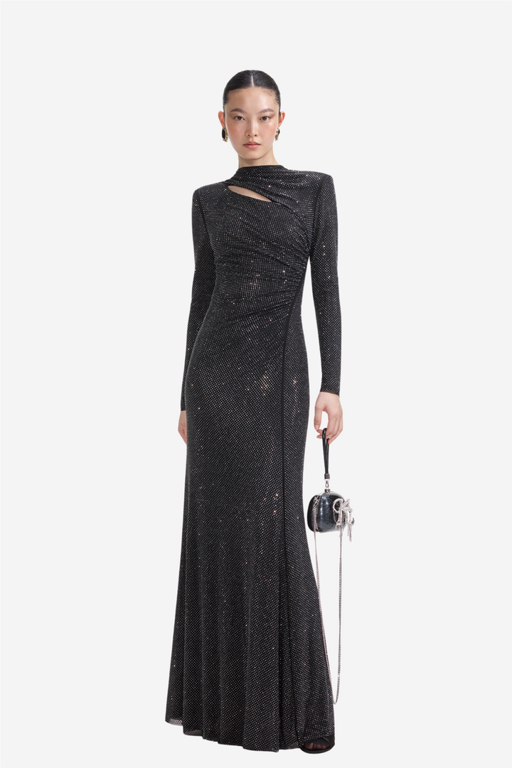 Black Rhinestone Mesh Cut Out Maxi Dress