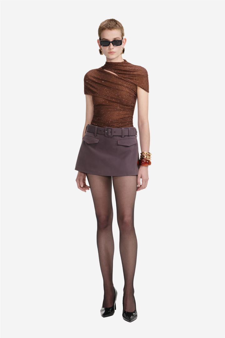 Rhinestone Mesh Cut Out Top Brown