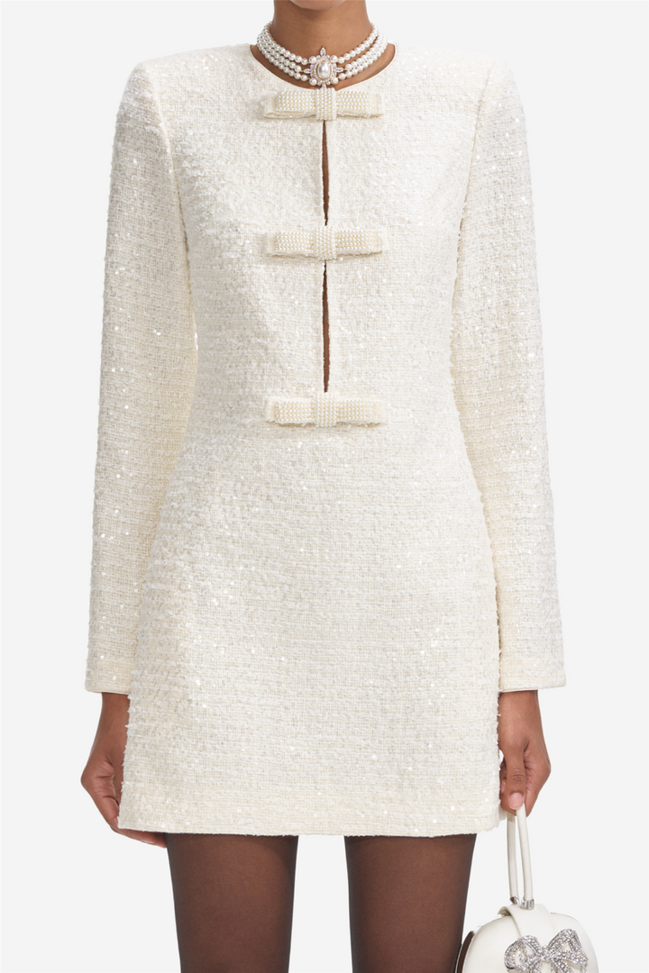 Cream Boucle Diamante Bow Mini Dress