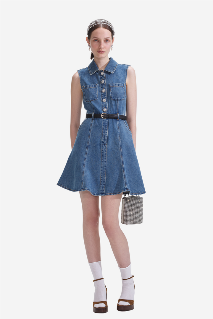 Denim Sleeveless Pearl Mini Dress