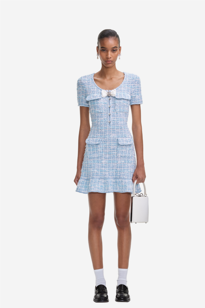 Blue Check Knit Mini Dress