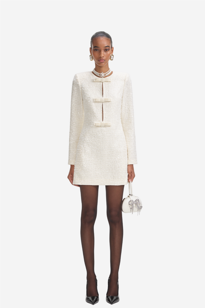 Cream Boucle Diamante Bow Mini Dress