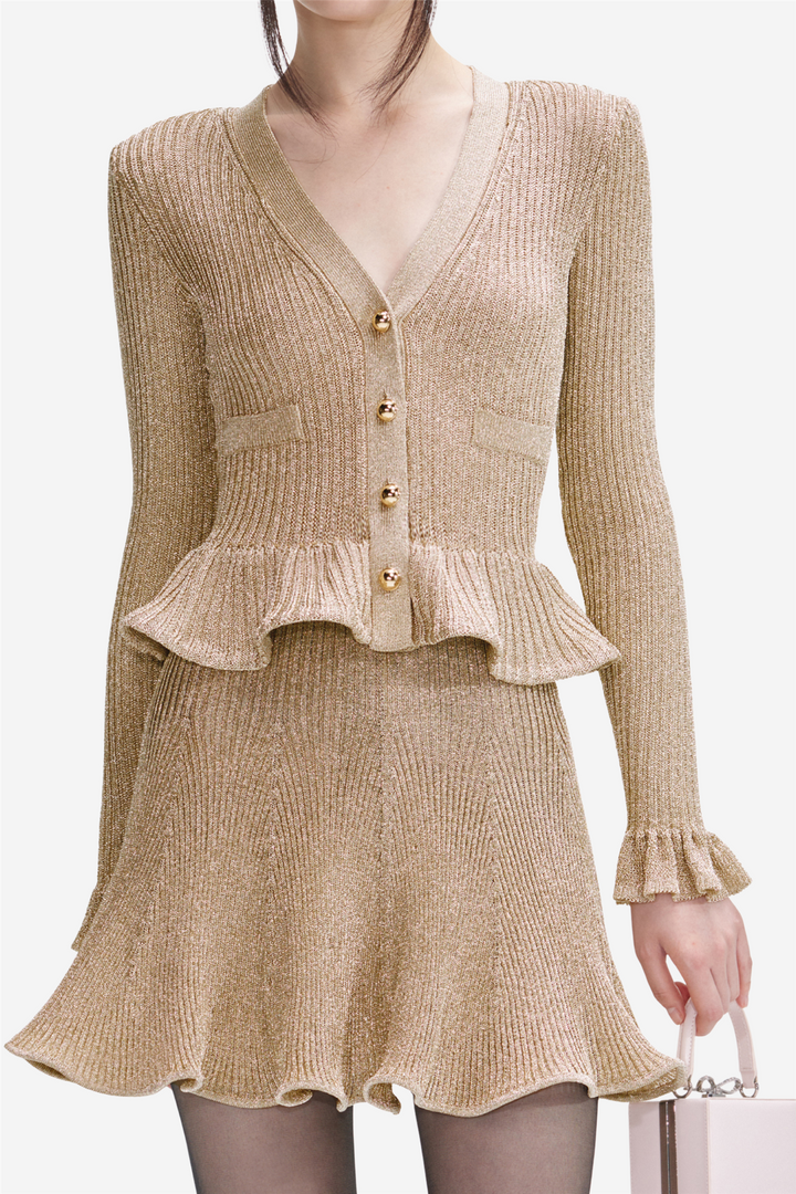 Lurex Peplum Knit Mini Dress Gold