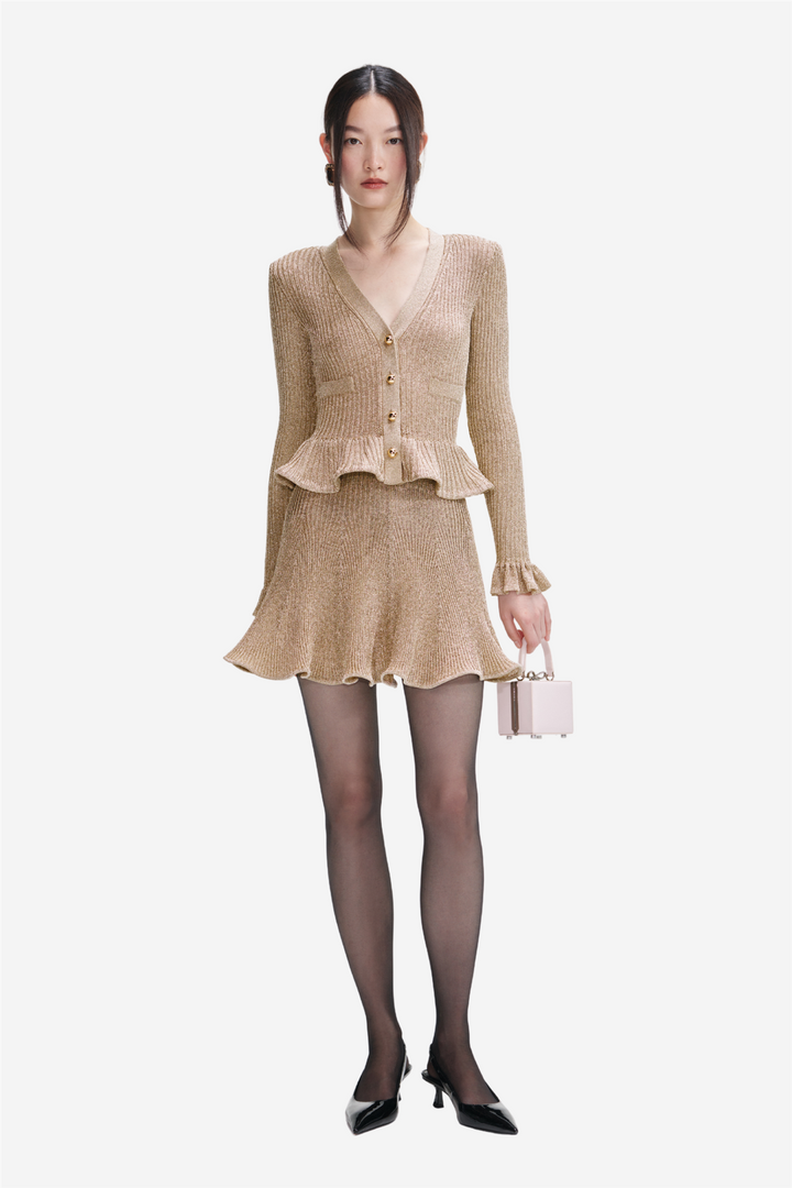 Lurex Peplum Knit Mini Dress Gold