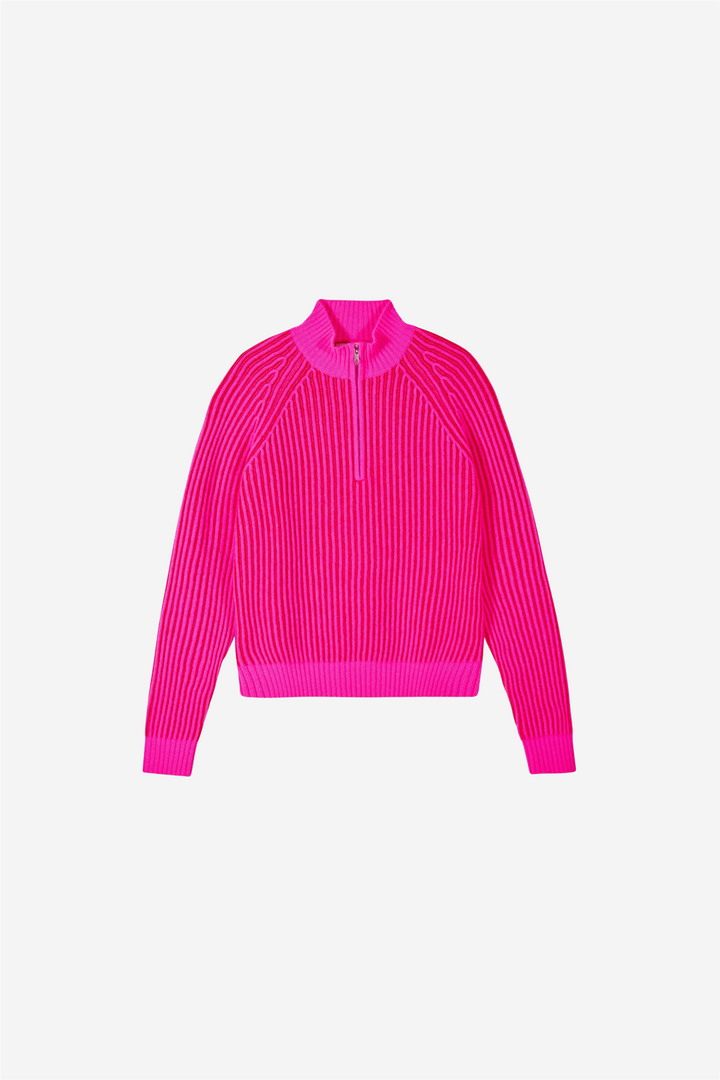 Two-Tone Yarn Quarter Zip Neck Sweater Passion Red