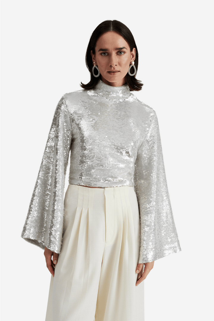By Malina Bluser & Skjorter Aella Wide Sleeve Sequin Top Silver