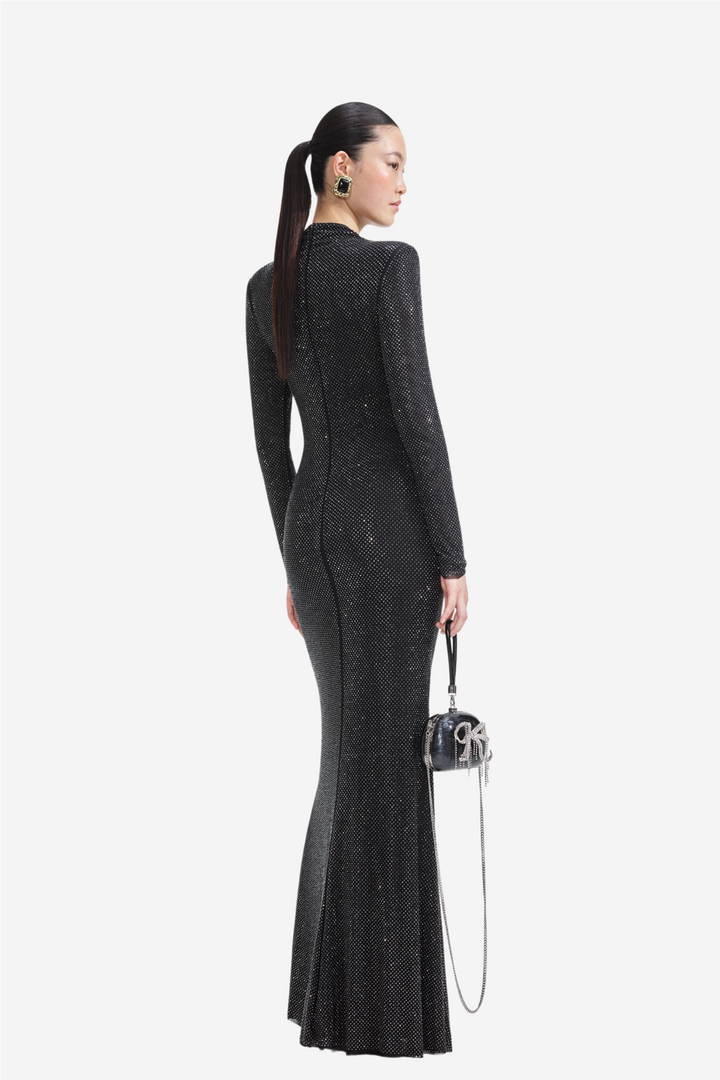 Black Rhinestone Mesh Cut Out Maxi Dress