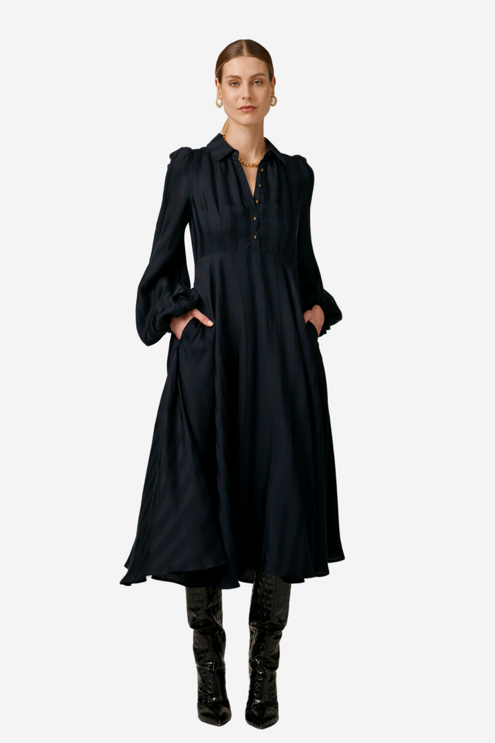 Striped Collared Midi Dress Black