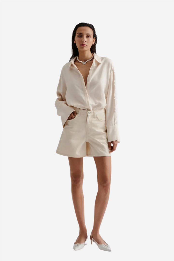 Solene High Rise Denim Shorts Cream