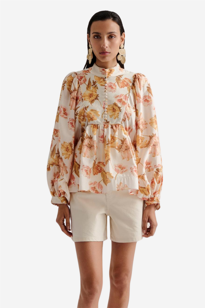 Pernilla High Neck Balloon Sleeve Bloouse Cream Peony