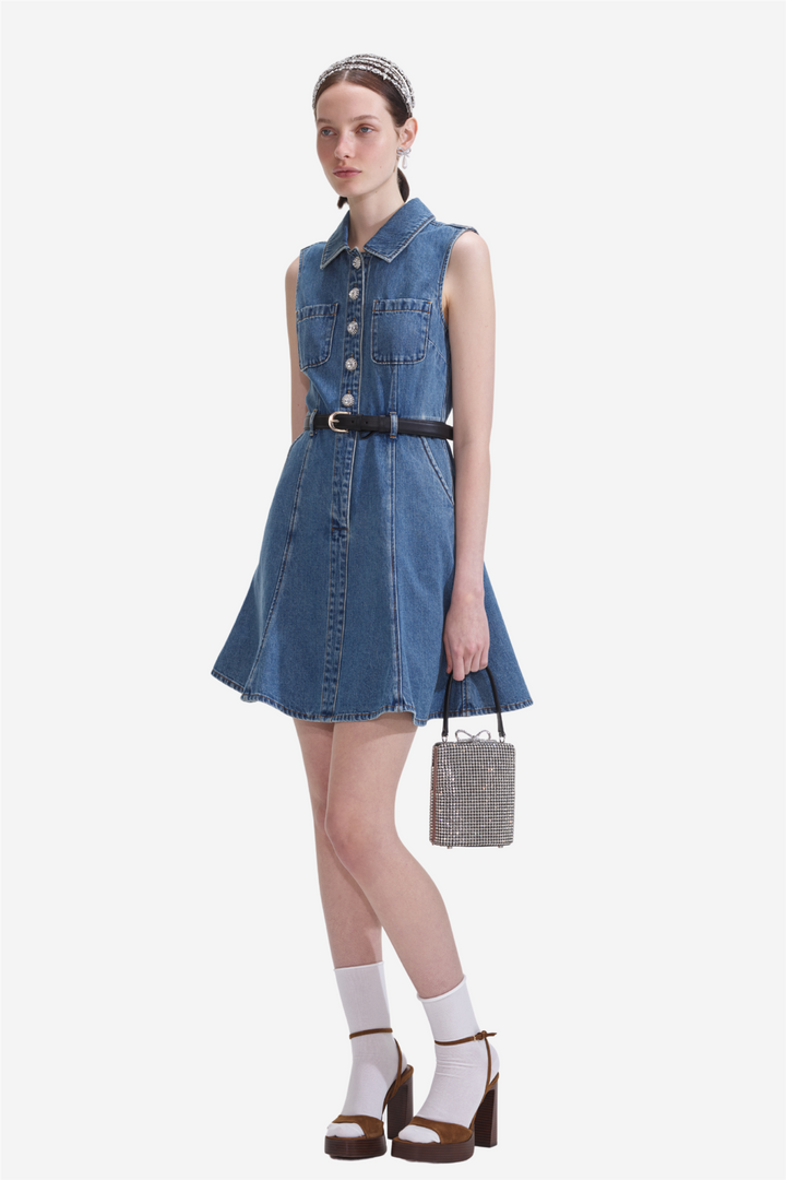 Denim Sleeveless Pearl Mini Dress