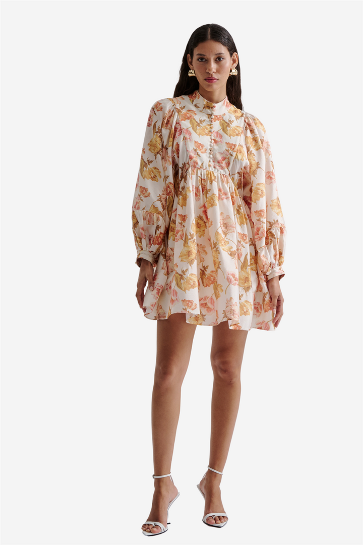 Tyra High Neck Balloon Sleeve Mini Dress Cream Peony