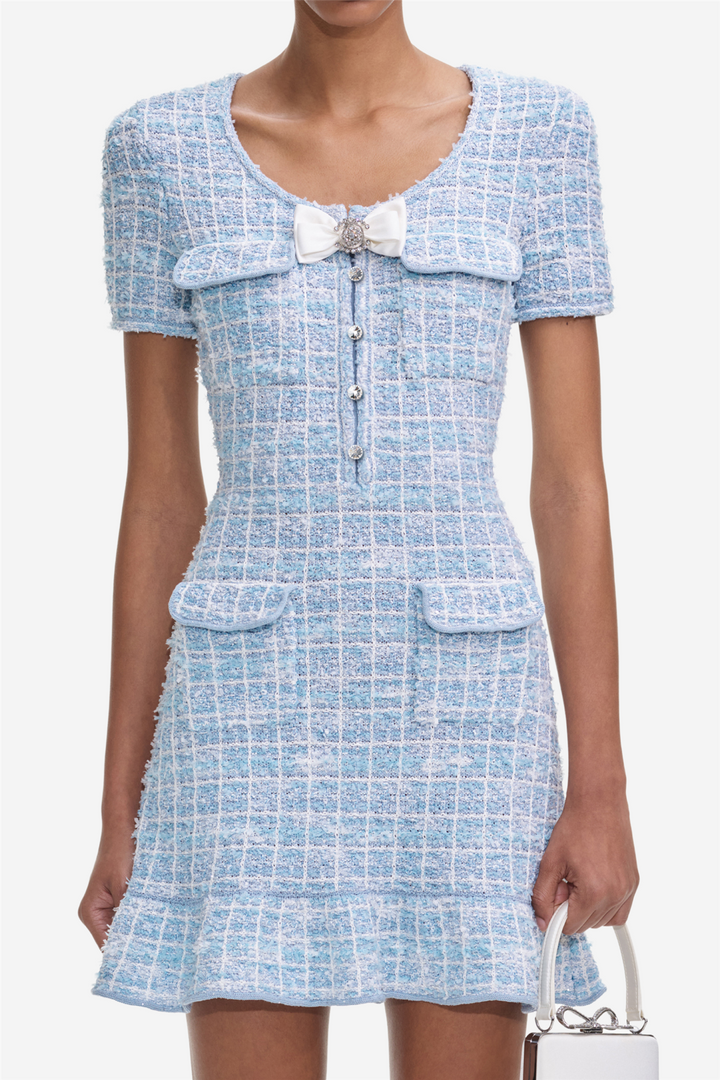 Blue Check Knit Mini Dress