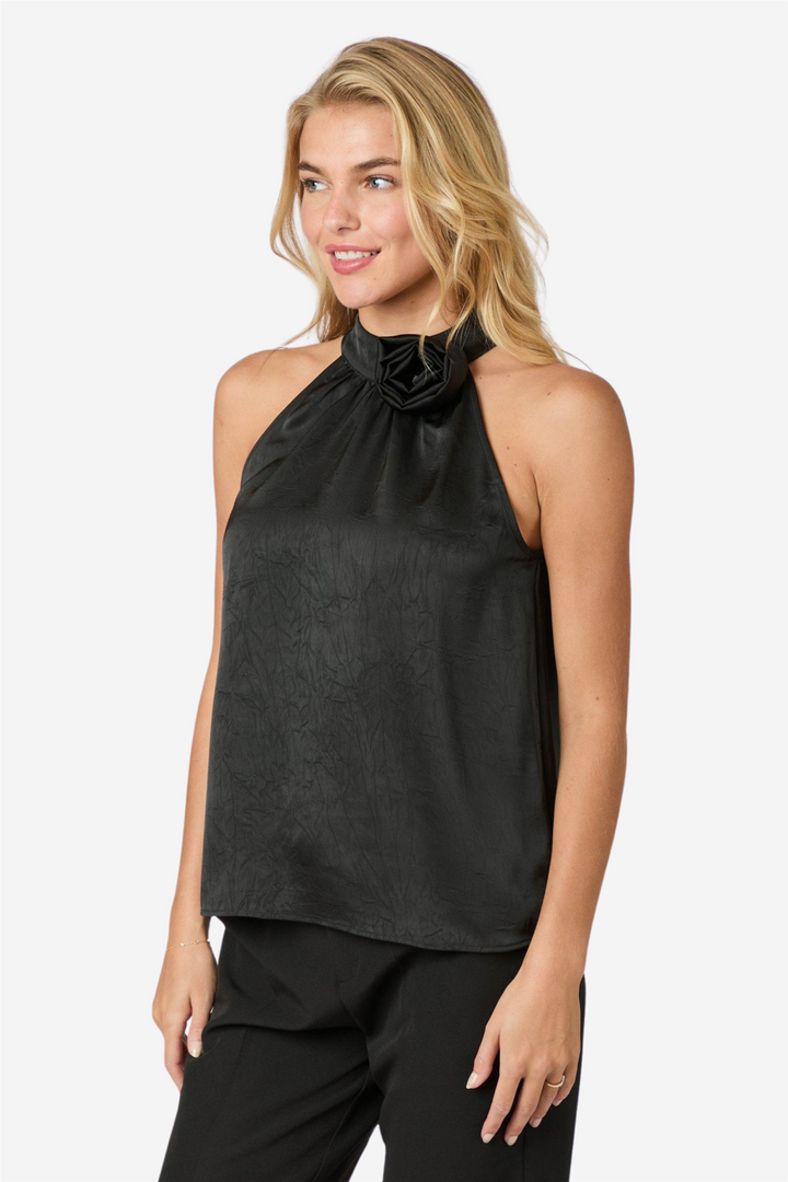 Rosette Crinkle Sateen Top Black