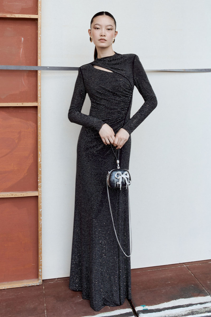 Black Rhinestone Mesh Cut Out Maxi Dress