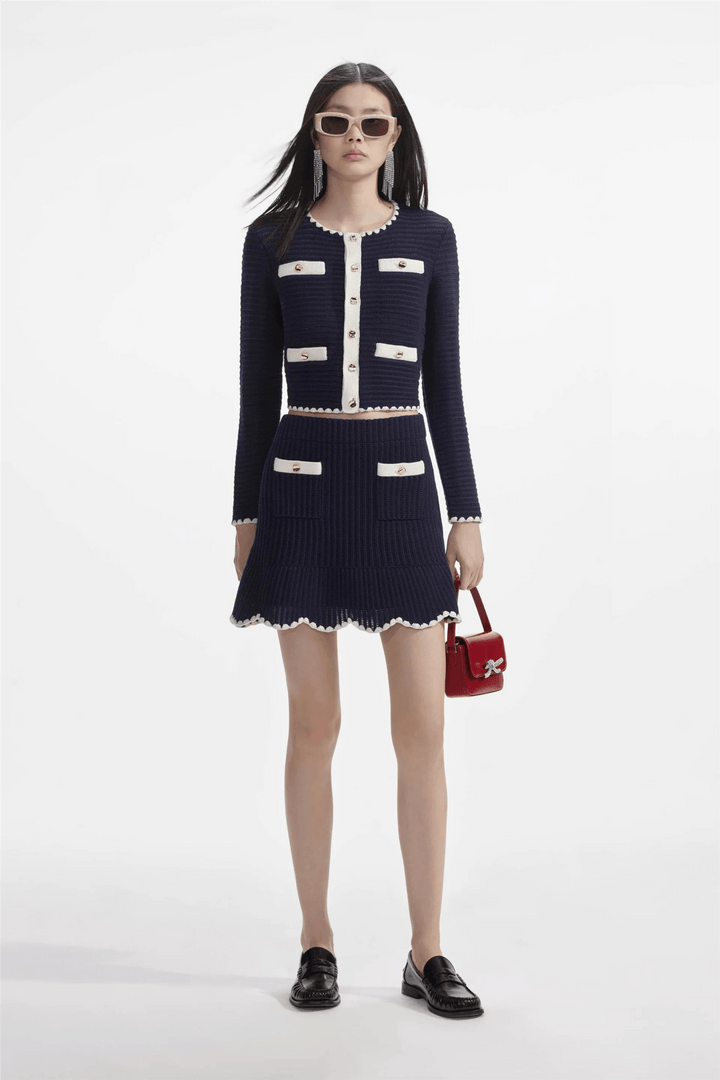Self Portrait Skjørt Navy Crochet Contrast Trim Mini Skirt