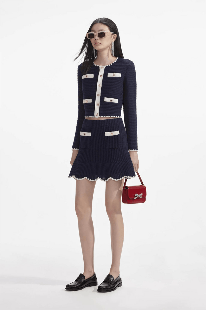 Self Portrait Skjørt Navy Crochet Contrast Trim Mini Skirt