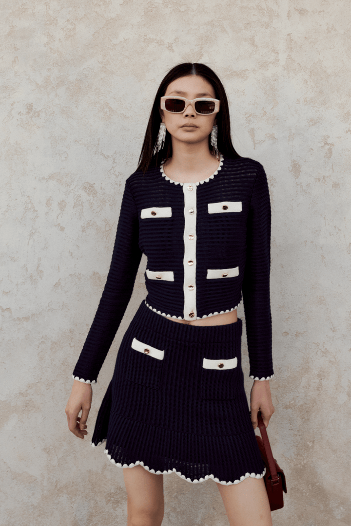 Self Portrait Skjørt Navy Crochet Contrast Trim Mini Skirt
