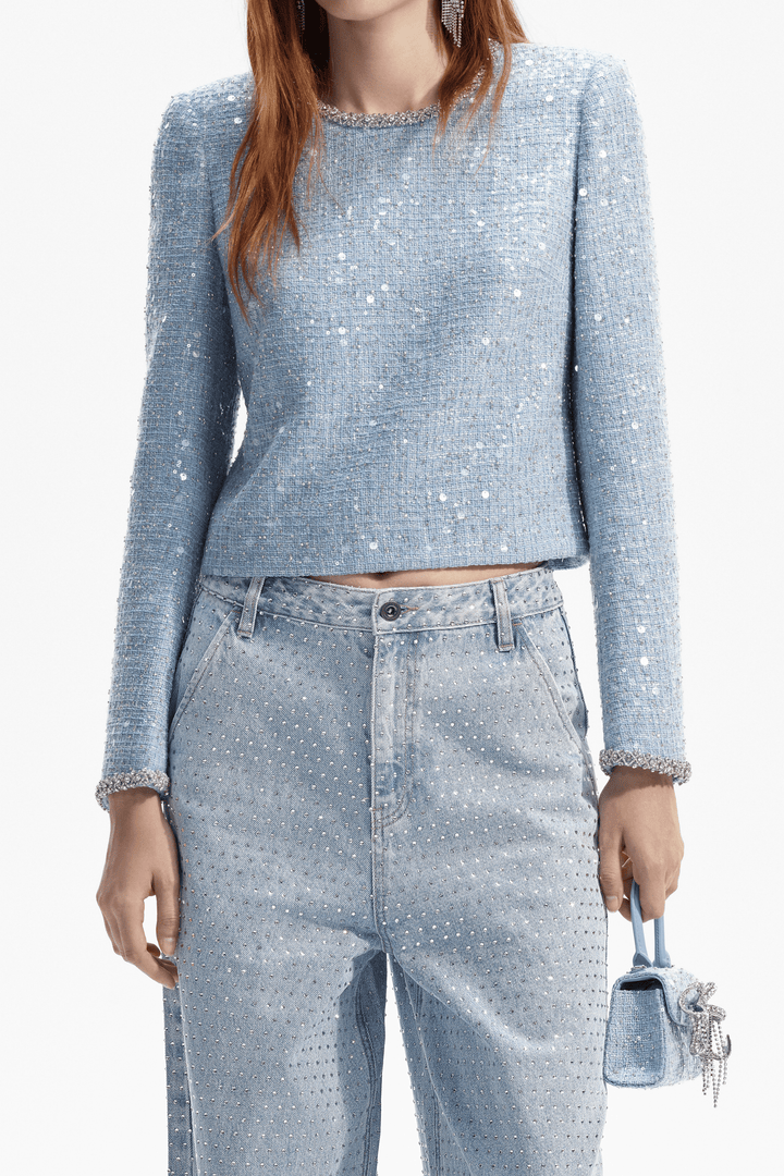 Self Portrait Topper & t-skjorter Blue Sequin Boucle Top
