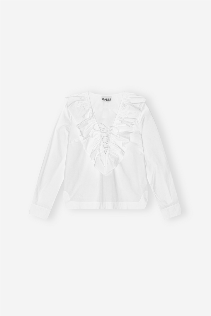 Ganni Bluser & Skjorter Cotton Poplin Ruffle V-neck Blouse Bright White