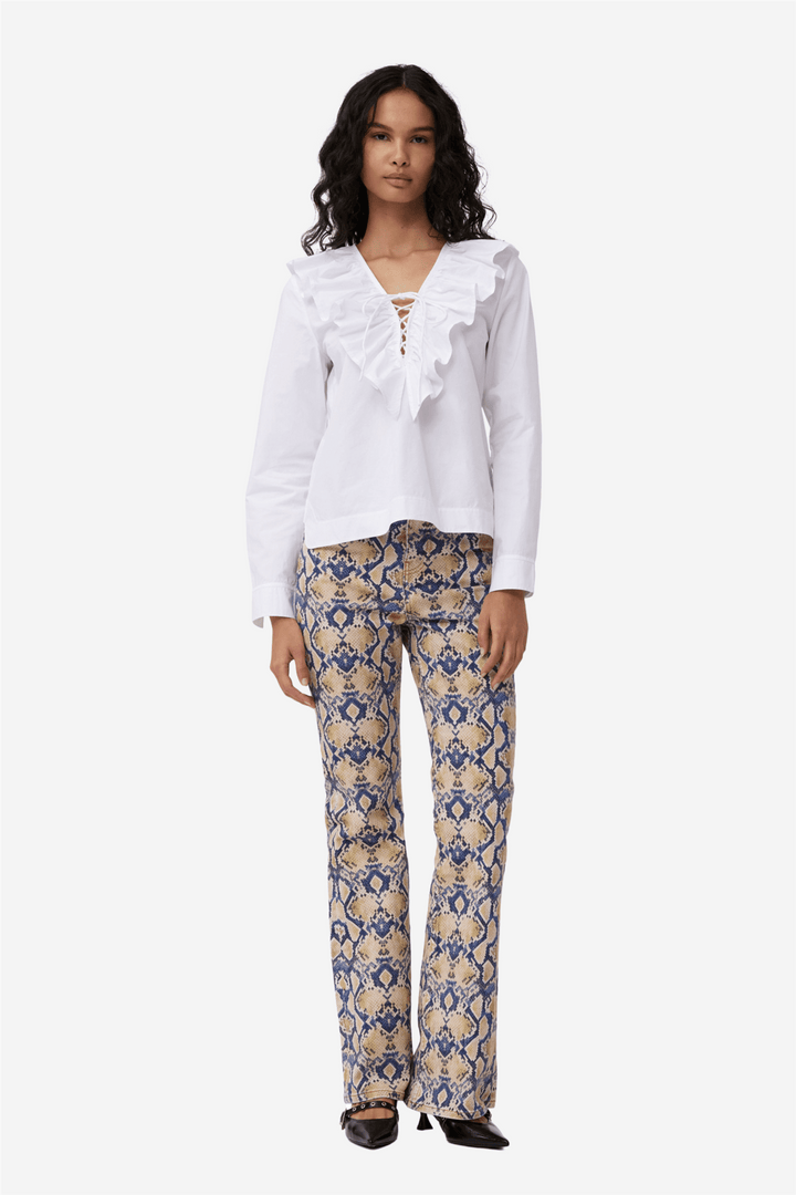 Ganni Bluser & Skjorter Cotton Poplin Ruffle V-neck Blouse Bright White