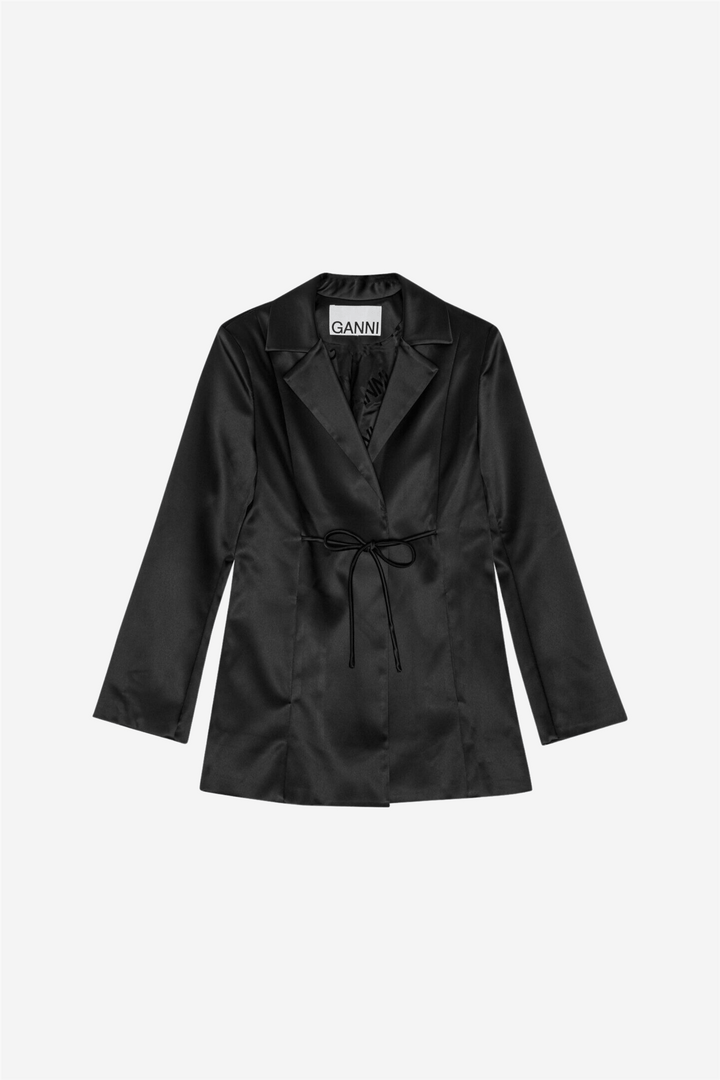 Ganni Yttertøy Double Satin Tiestring Blazer Black