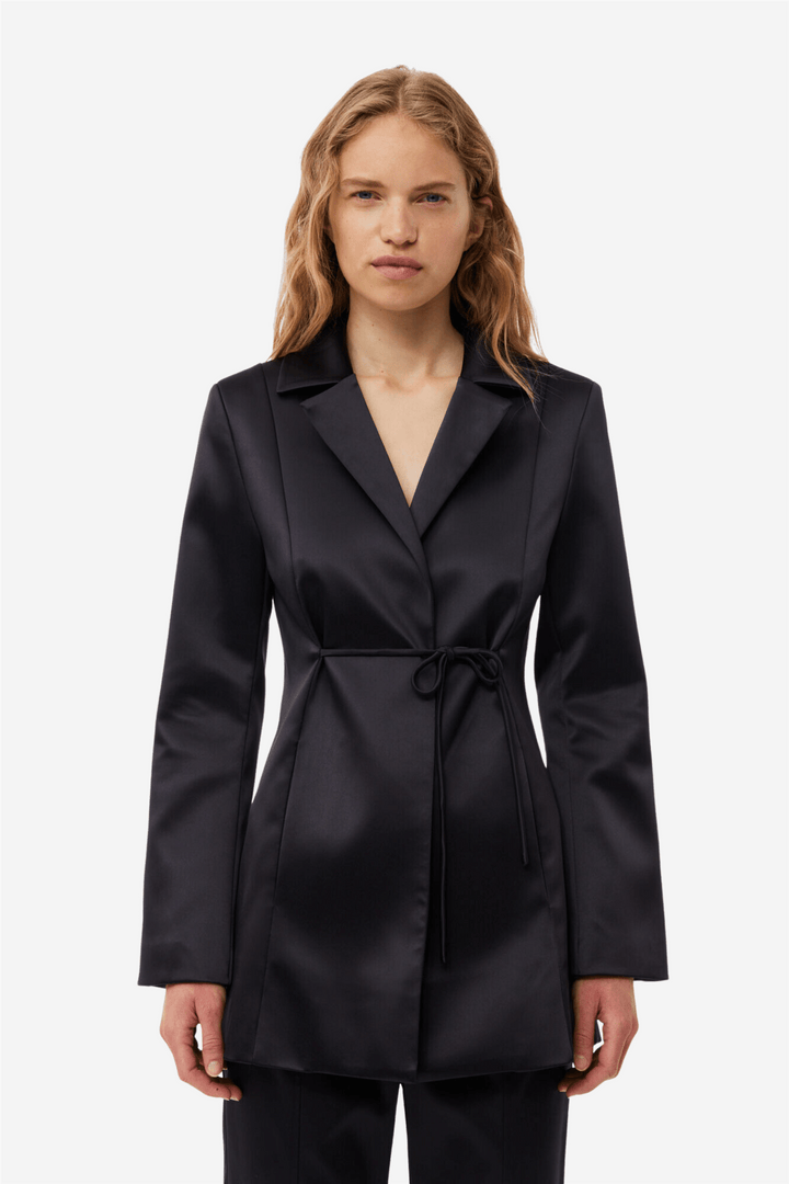 Ganni Yttertøy Double Satin Tiestring Blazer Black
