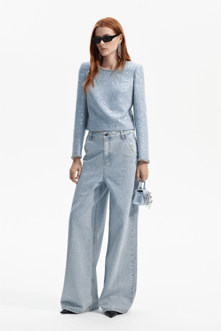 Self Portrait Topper & t-skjorter Blue Sequin Boucle Top
