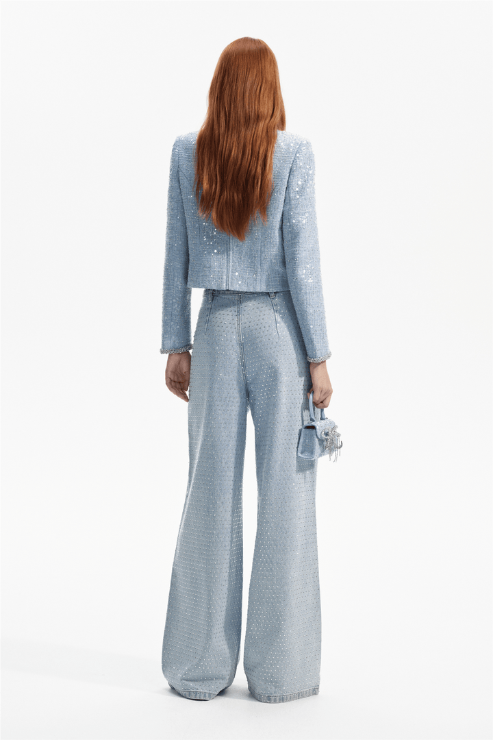 Self Portrait Topper & t-skjorter Blue Sequin Boucle Top